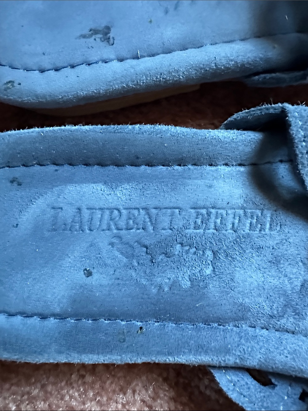 Laurent Effel Blue Suede Thong Sandals, Cutout Strap Slip On - Picture 9 of 13